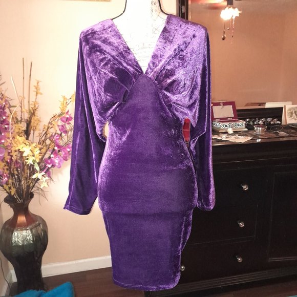 NWT Bridge Violet Velvet Open Back Tie Long Sleeve Zip Dolman Sleeve Party Dress - Picture 3 of 14